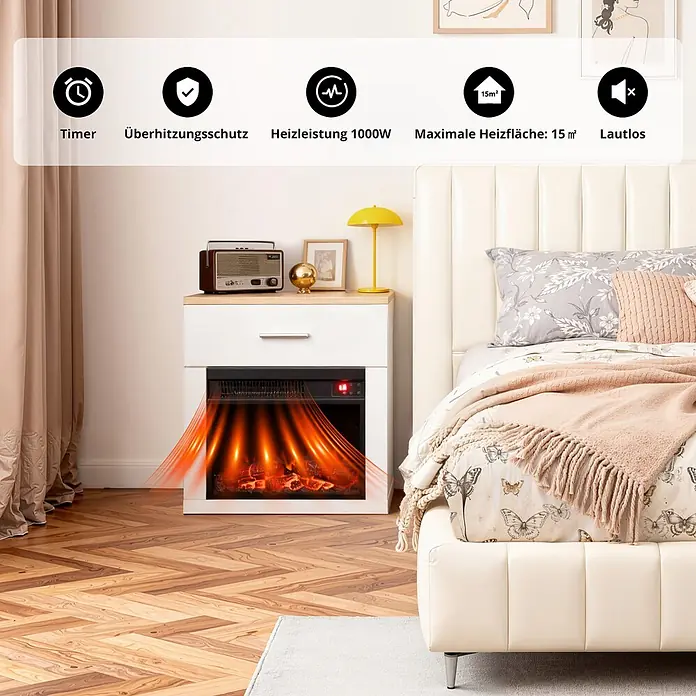 HOMAVO 14'' 1000W Elektrokamin mit Nachttisch -  - Weißer elektrischer Kamin-Nachttisch mit Holzplatte, Wärme abstrahlend, neben einem Bett im Schlafzimmer.
