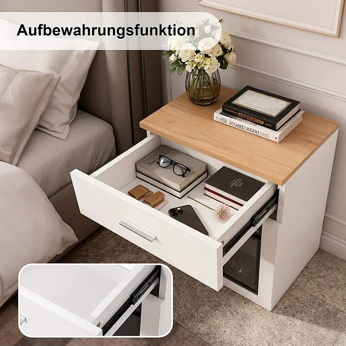 HOMAVO 14'' 1000W Elektrokamin mit Nachttisch -  - Weißer Nachttisch mit Holzplatte und offener Schublade, die seine Aufbewahrungsfunktion zeigt, neben einem Bett.