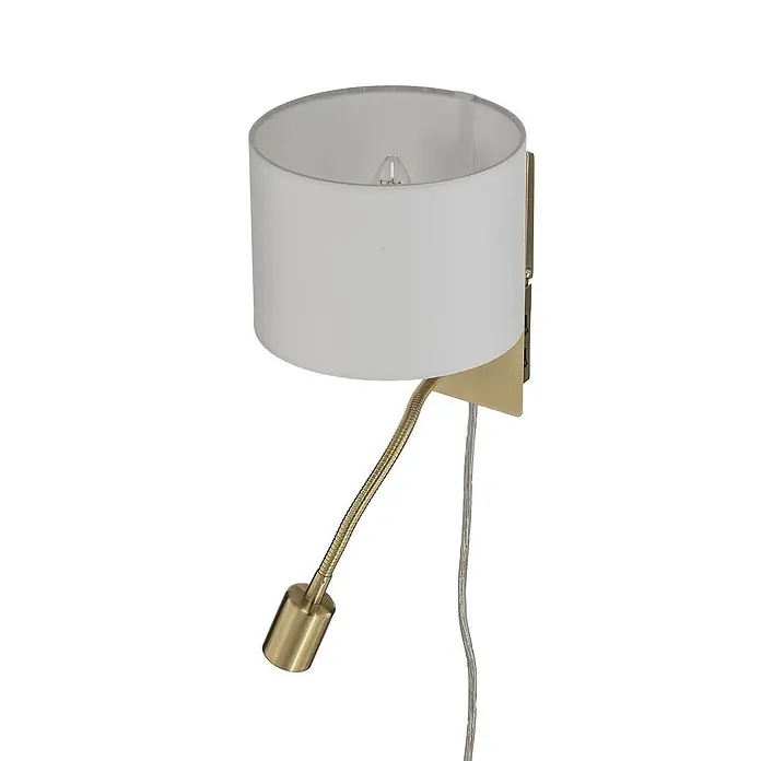 Lindby Wandlampe Textil Messing matt mit LED Leselampe Flexarm -  - Messingfarbene Wandleuchte mit weißem Stoffschirm und flexibler Leselampe.