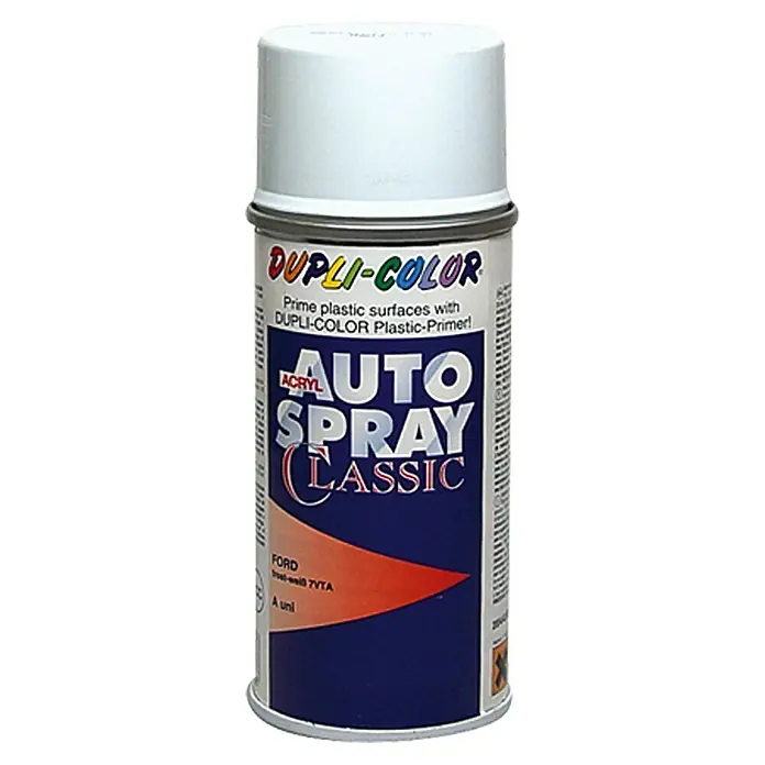Dupli-Color Acryl-Autospray Classic - Ford, Frostweiß, 150 ml - Abbildung einer Dose Dupli-Color Auto Spray Classic. Ideal für die Lackierung von Kunststoffoberflächen, für ein professionelles Finish.