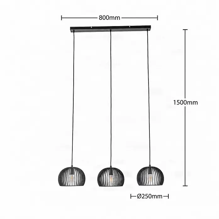 Lindby Pendelleuchte in schwarz, Hängelampe -  - Schwarze Dreifach-Pendelleuchte mit Käfigschirmen, 800mm breit und 1500mm hoch, 250mm Schirmdurchmesser.