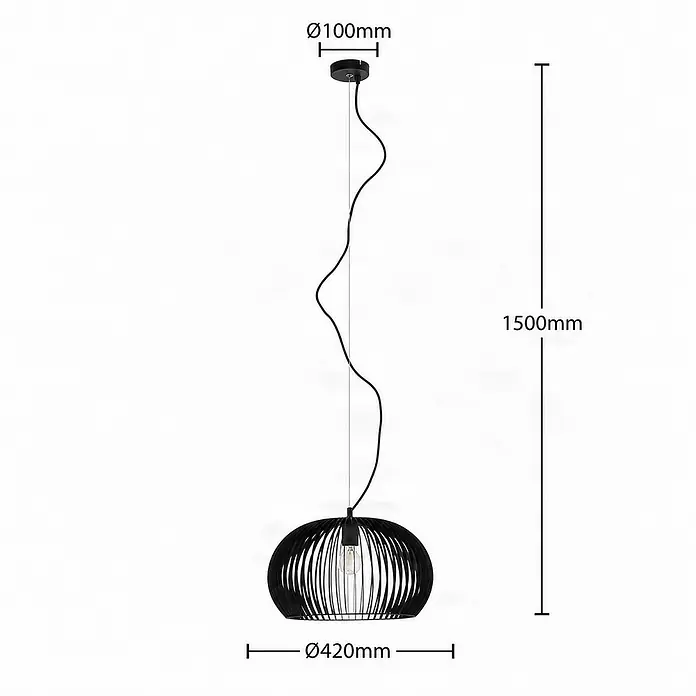 Lindby Pendelleuchte in schwarz, Hängelampe -  - Schwarze Metall-Hängelampe mit Käfigschirm und sichtbarer Glühbirne, an einem schwarzen Kabel hängend.