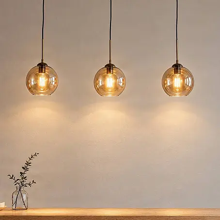 Lindby Esstisch Pendelleuchte Glas amberfarben, 3 Schirme Ø 20 cm
