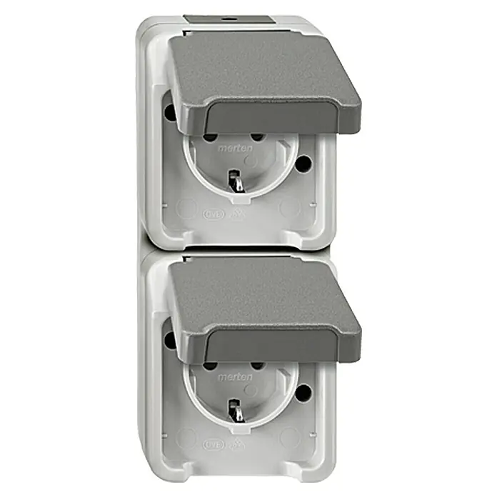 Merten Aquastar Steckdose MEG2329-8029 - 2-fach, Vertikal, Grau, IP44 - Doppelte Merten-Schutzkontaktsteckdose mit Klappdeckel für den Außenbereich, spritzwassergeschützt und robust.
