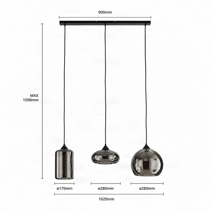 Lindby Esstisch Pendelleuchte Glas rauchgrau, ohne Leuchtmittel -  - Dreiflammige Hängelampe mit schwarzer Schiene und Rauchglas-Schirmen in verschiedenen Formen. Max. Höhe 1500mm, Gesamtbreite 1025mm.