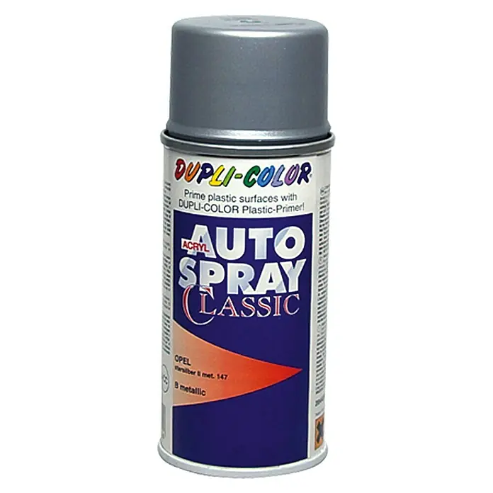 Dupli-Color Acryl-Autospray Classic - Opel, Starsilber II Metallic, 150 ml - Abbildung einer Dose Dupli-Color Auto-Spray Classic, ideal zum Lackieren von Kunststoffoberflächen mit metallischem Effekt.