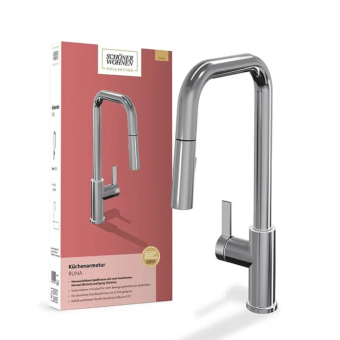 Schöner Wohnen Runa Küchenarmatur Ausziehbar mit Brause Chrom -  - Chrom-Küchenarmatur mit herausziehbarer Brause, neben der Produktverpackung.