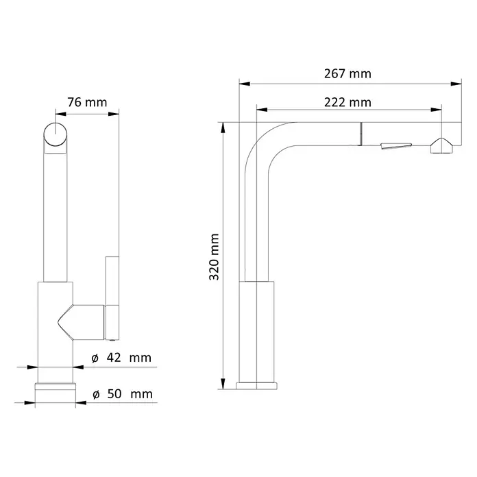 Schöner Wohnen Rika L Küchenarmatur Ausziehbar mit Brause Industrial -  - Technische Zeichnung eines modernen Einhebelmischers für die Küche mit Maßen.