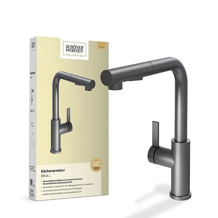 Schöner Wohnen Rika L Küchenarmatur Ausziehbar mit Brause Industrial -  - Dunkelmetallische Küchenarmatur mit ausziehbarer Spülbrause und schwenkbarem L-Auslauf.