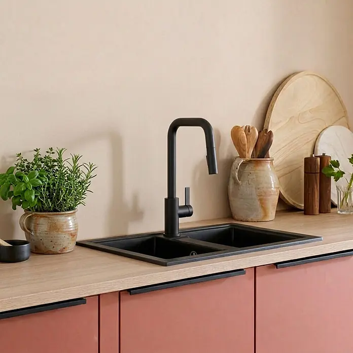 Schöner Wohnen Runa Küchenarmatur Ausziehbar mit Brause Mattschwarz -  - Moderne schwarze Doppelspüle mit ausziehbarer Armatur, in heller Holztheke über korallenroten Schränken mit schwarzen Griffen.