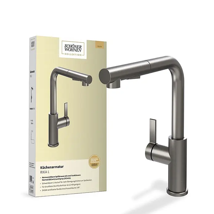 Schöner Wohnen Rika L Küchenarmatur Ausziehbar mit Brause Edelstahl Optik -  - Dunkelgraue gebürstete Küchenarmatur mit L-Auslauf und Ausziehbrause.