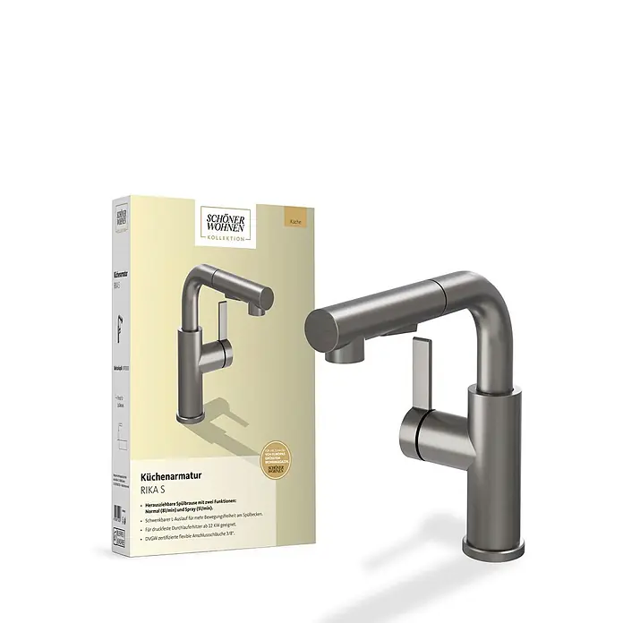 Schöner Wohnen Rika S Küchenarmatur Ausziehbar mit Brause Edelstahl Optik -  - Gebürstete Metall-Küchenarmatur mit ausziehbarer Spülbrause und Einhebelmischer.