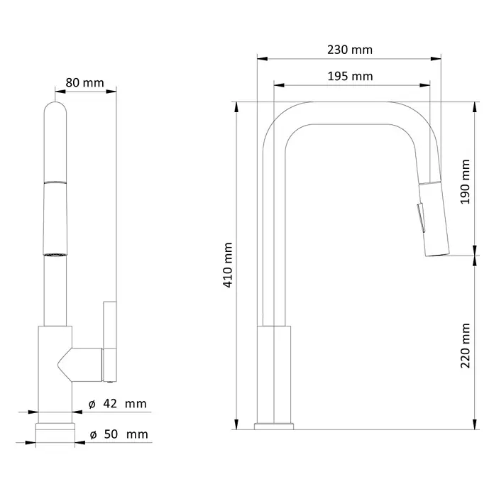 Schöner Wohnen Runa Küchenarmatur Ausziehbar mit Brause Edelstahl Optik -  - Technische Zeichnung einer Chrom-Küchenarmatur mit ausziehbarer Brause, Seiten- und Vorderansicht mit Maßen.