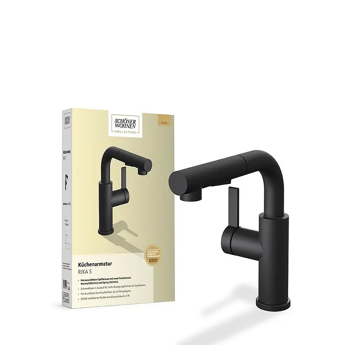 Schöner Wohnen Rika S Küchenarmatur Ausziehbar mit Brause Mattschwarz -  - Mattschwarze Küchenarmatur mit ausziehbarer Spülbrause, neben der Produktverpackung.