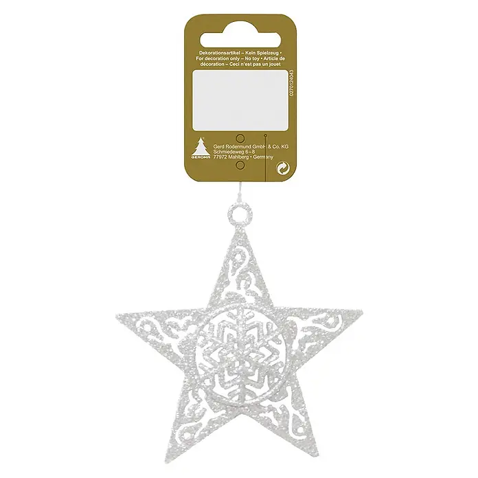 Geroma Christbaumschmuck - Weiß, Kunststoff, 1 Stk. - Weißer glitzernder Sternen-Anhänger mit filigranem Ausschnittmuster, hängend an einem goldfarbenen Etikett.