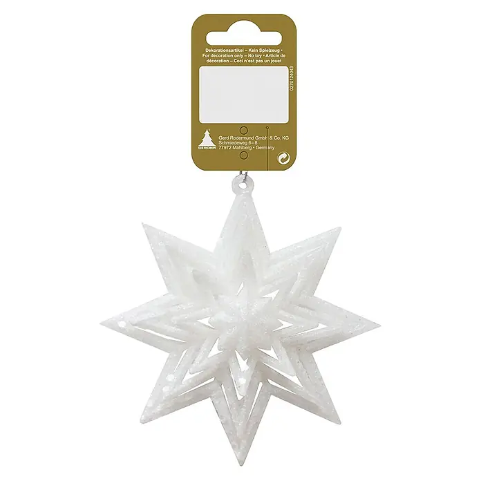 Geroma Christbaumschmuck Glitzerstern - Silber, Kunststoff, 1 Stk. - Weißer, glitzernder Stern als Weihnachtsdekoration mit Produktanhänger.