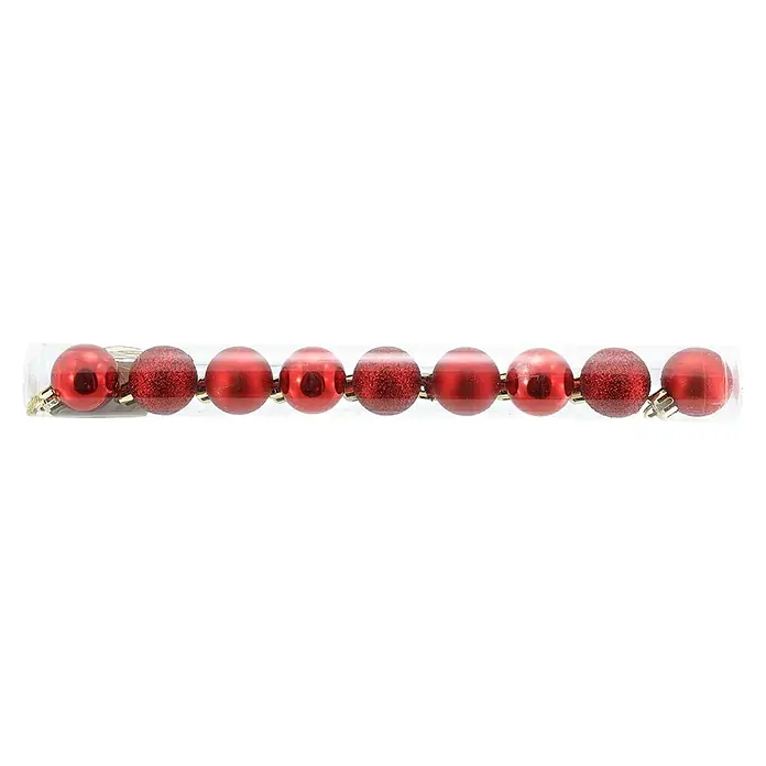 Geroma Christbaumkugel-Set - Rot, Kunststoff, 9 Stk. - Eine Reihe roter Weihnachtskugeln in transparenter Verpackung, abwechselnd glänzend und glitzernd.