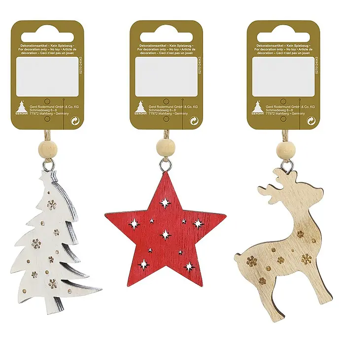 Geroma Christbaumschmuck - Weiß, Rot, Natur, Holz, 3 Stk. - Dreier-Set hölzerner Weihnachtsbaumschmuck: weißer Baum, roter Stern und Reh aus Naturholz, jeweils mit Etikett.