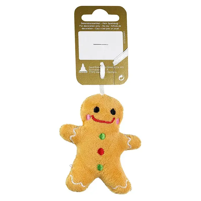 Geroma Christbaumschmuck Lebkuchenmann - Hellbraun, Orange, Kunststoff, 1 Stk., 7 x 2 x 15 cm - Hellbrauner Plüsch-Lebkuchenmann-Anhänger mit gesticktem Gesicht und bunten Knöpfen, mit Aufhänger.