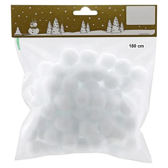 Geroma Weihnachtsgirlande Schneebälle - Länge: 180 cm, Kunststoff - Tüte mit weißen flauschigen Schneebällen/Pompons, Weihnachts-Kopfzeile mit Schneemann und Bäumen, 180 cm.