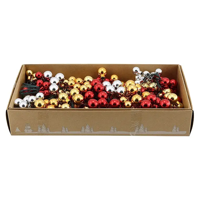Geroma Glaskugel - Durchmesser: 1,5 cm - 2 cm, 7 Stk., Rot, Gold, Silber - Karton mit glänzenden roten, goldenen und silbernen Weihnachtslichterketten.