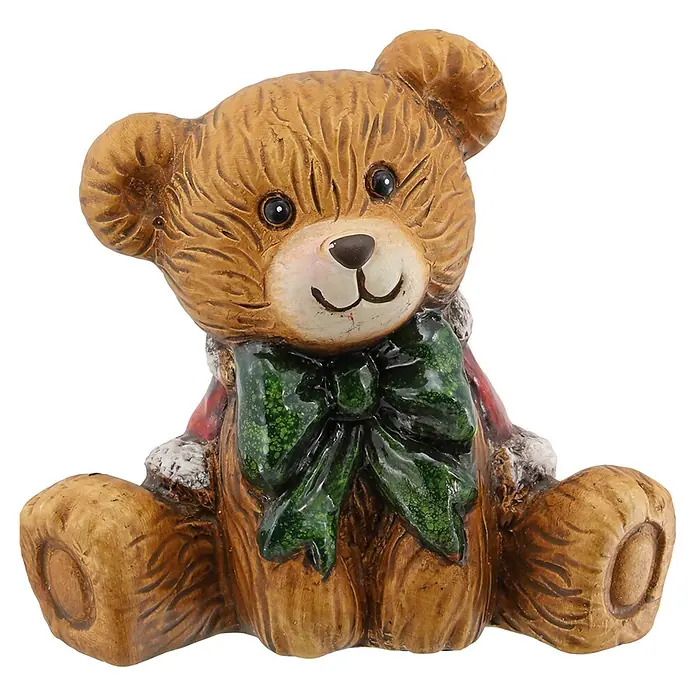 Geroma Dekofigur Bär - L x B x H: 7,5 x 11,5 x 10 cm, Keramik, Bär - Braune Keramik-Teddybär-Figur mit grüner Schleife, sitzend.
