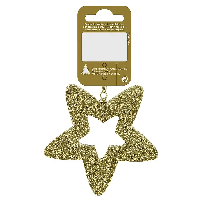 Geroma Christbaumschmuck - Gold, Kunststoff, 1 Stk. - Goldglitzernder Stern-Weihnachtsanhänger mit zentralem Sternausschnitt und Etikett.