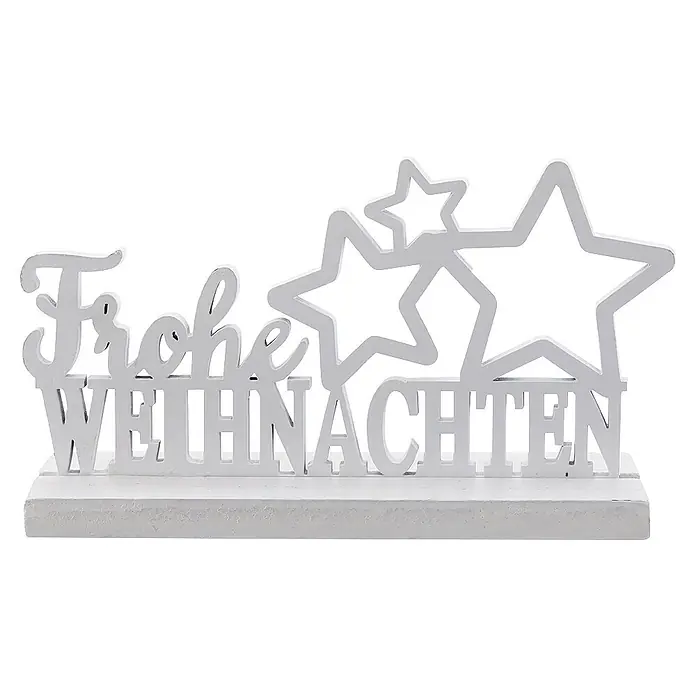 Geroma Deko-Schild - 14 x 8,5 cm, Holz, Weiß - Weißes Holz-Weihnachtsdeko mit "Frohe Weihnachten" Schriftzug und Sternen, auf einem Sockel stehend.