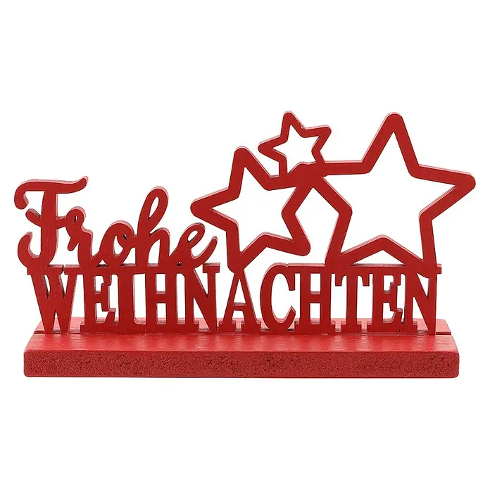 Geroma Deko-Schild - 14 x 8,5 cm, Holz, Rot - Rote Holzdekoration "Frohe Weihnachten" mit Sternen, festliche Weihnachtsdeko.