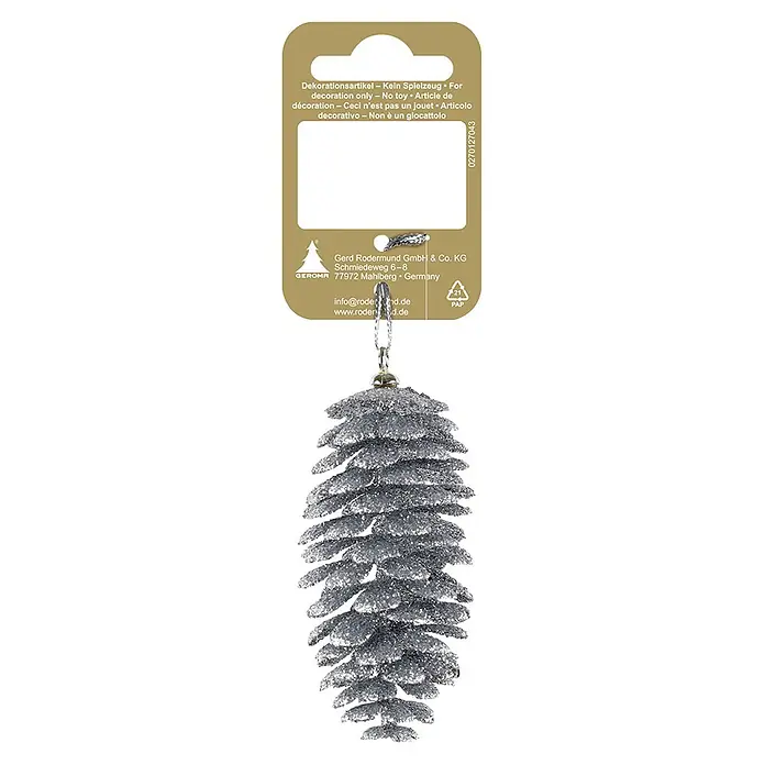 Geroma Christbaumschmuck Tannenzapfen - Silber, Kunststoff, 1 Stk. - Silberner Glitzer-Zapfen als Weihnachtsbaumschmuck, hängt an einem Produktetikett.