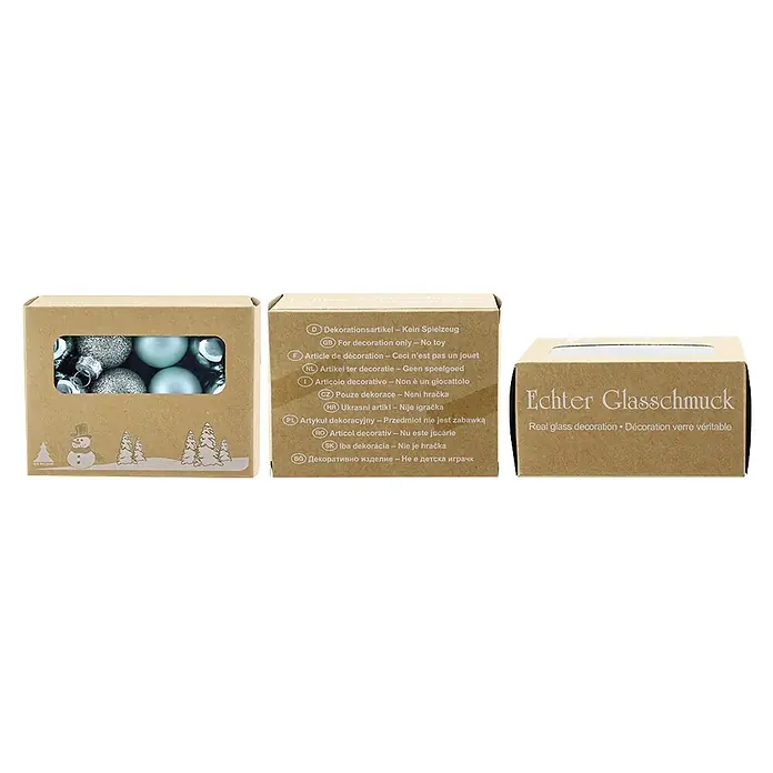 Geroma Christbaumkugel-Mix - Mint, Glas, 24 Stk. - Naturfarbene Kraftpapierbox mit Sichtfenster, silberne und hellblaue Glaskugeln. Echter Glasschmuck.