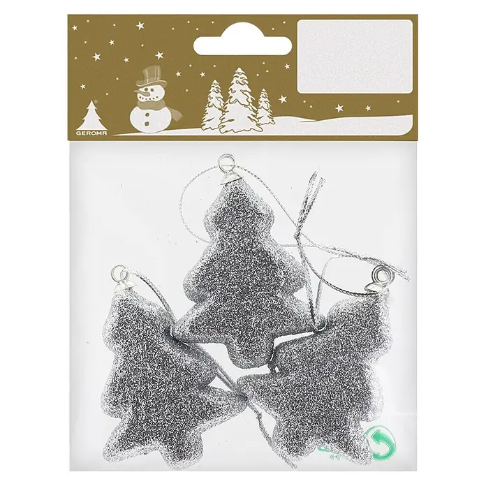 Geroma Christbaumschmuck Tannenbäume - Silber, Kunststoff, 3 Stk. - Vier silberne Glitzer-Weihnachtsbaumkugeln in transparenter Verkaufsverpackung.