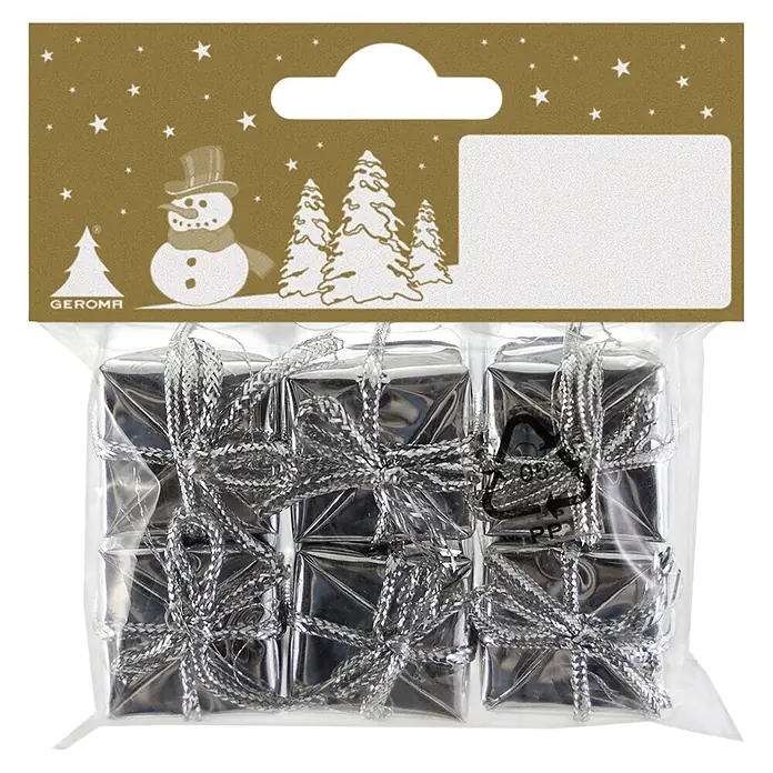 Geroma Deko-Streuteile - 6 Stk., Kunststoff, 2,5 x 2,5 cm - Sechs kleine silberne Dekogeschenkboxen mit Schleifen, verpackt in klarer Folie mit festlicher Goldkopfkarte.