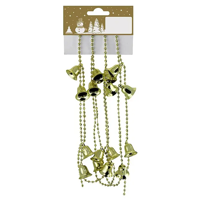Geroma Weihnachtsgirlande Glöckchen - Gold, Kunststoff, 1 Stk. - Goldfarbene Glockengirlanden mit kleinen Glöckchen und Perlen, präsentiert auf einer festlichen Weihnachtskarte.