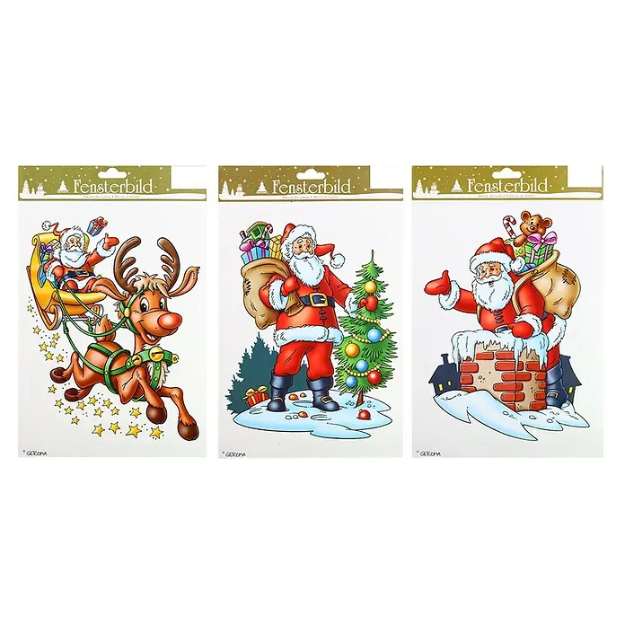 Geroma Fenstersticker Weihnachten - 21 x 32 cm - Drei bunte Weihnachts-Fensterbilder mit Weihnachtsmann und Rentier.