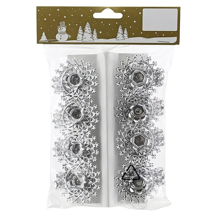 Geroma Kerzenhalter für Baumkerzen - Metall, Silber, Durchmesser: 5 cm - Set aus 10 silbernen Schneeflocken-Kerzenclips in transparenter Plastikverpackung.