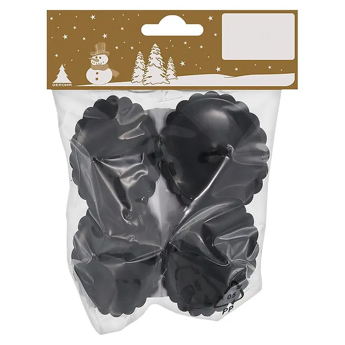 Geroma Adventskerzenhalter - Metall, Schwarz, Durchmesser: 6 cm - Vier schwarze, gewellte Muffinformen aus Kunststoff in klarer Verpackung.