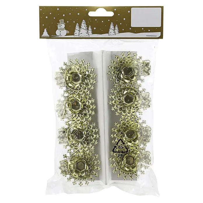 Geroma Kerzenhalter für Baumkerzen - Metall, Gold - Goldene schneeflockenförmige Weihnachtsringe, verpackt mit festlichem Header.