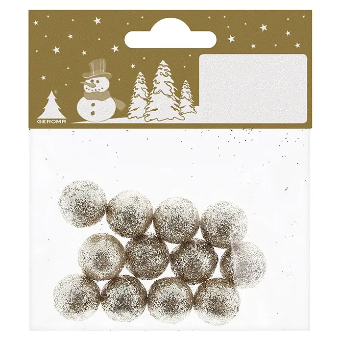 Geroma Deko-Streuteile Kugel - 12 Stk., Kunststoff - Klarsichtbeutel mit kleinen, glitzernden, silbergoldenen Deko-Kugeln und festlichem Weihnachts-Header.