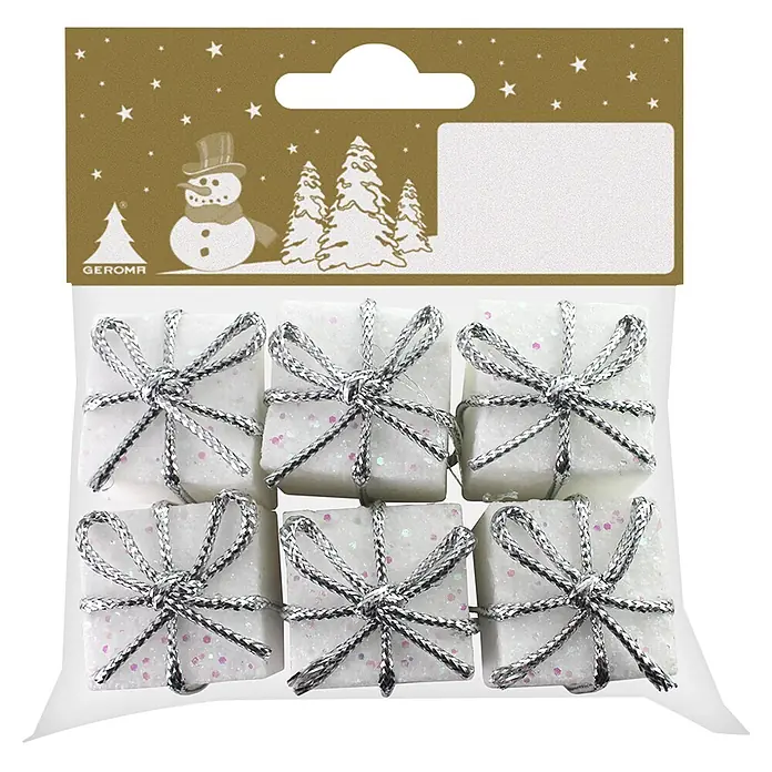 Geroma Deko-Streuteile - 6 Stk., Kunststoff - Sechs kleine weiße Glitzer-Geschenkbox-Weihnachtsdekorationen mit silbernen Schleifen, auf festlicher goldener Karte verpackt.