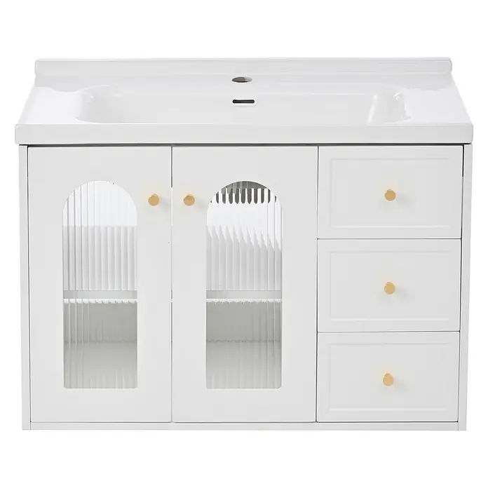 SONNENH Waschtisch-Set, weiß, 80 cm, Keramikbecken und Glastüren -  - Weißer Badschrank mit Waschbecken, zwei Türen mit gewölbtem Riffelglas und drei Schubladen, alle mit goldenen Knöpfen.