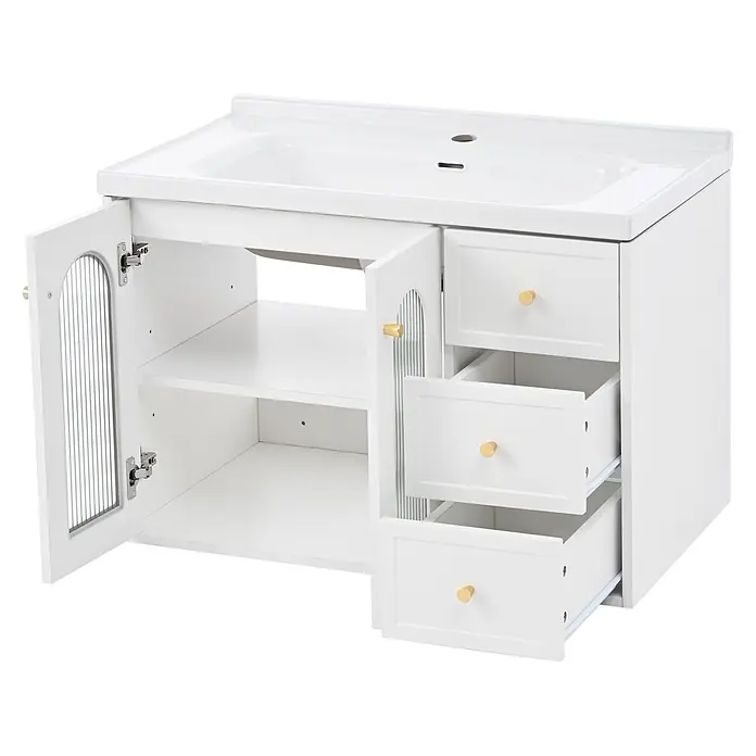 SONNENH Waschtisch-Set, weiß, 80 cm, Keramikbecken und Glastüren -  - Weißer Waschtischunterschrank mit Keramikwaschbecken, offenem Schrank mit Rillenglastür und drei ausziehbaren Schubladen mit goldenen Knöpfen.