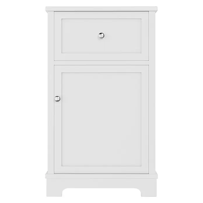 SONNENH Waschtisch-Set, 51 cm, Klappfach und Türablage, Weiß -  - Weißer Holzschrank mit einer Schublade und einer Tür, beide mit Chromknäufen.