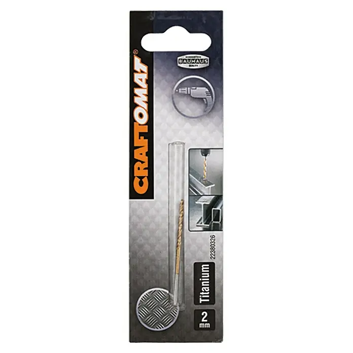 Craftomat Metallbohrer - HSS-TiN, Durchmesser Bohrer: 2 mm, Arbeitslänge: 24 mm - Abbildung einer CRAFTOMAT Titanium 2mm Metallbohrer-Packung, ideal für präzise Bohrarbeiten.