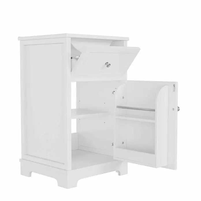 SONNENH Waschtisch-Set, 51 cm, Klappfach und Türablage, Weiß -  - Weißer Holzschrank mit geöffneter Schublade und offener Seitentür, die Innenfächer und eine Stange zeigt.
