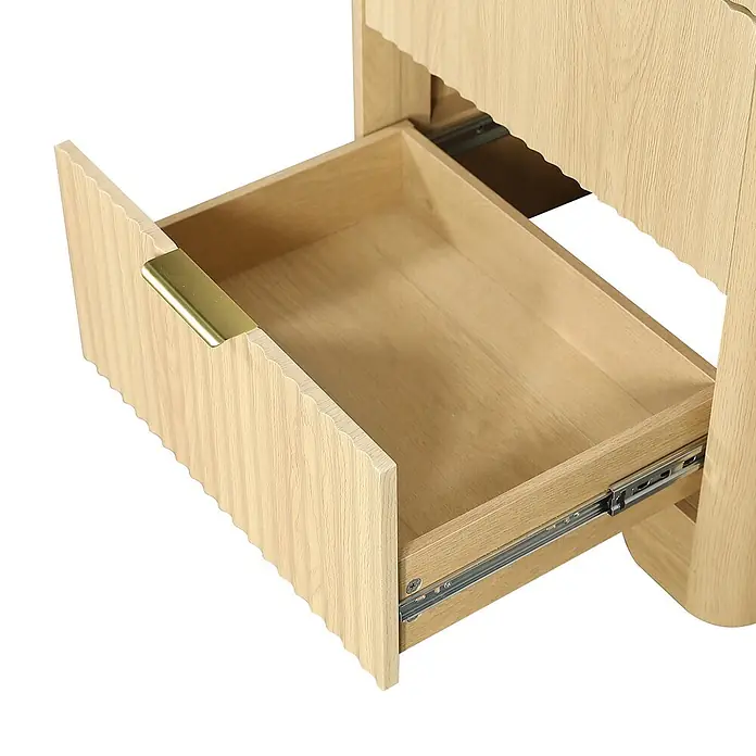 SONNENH Waschtisch-Set 61 cm Holzoptik mit Becken und Papierhalter -  - Geöffnete Schublade aus hellem Holz mit gewellter Kante und goldenem Griff, die das Innere und Metallauszüge zeigt.
