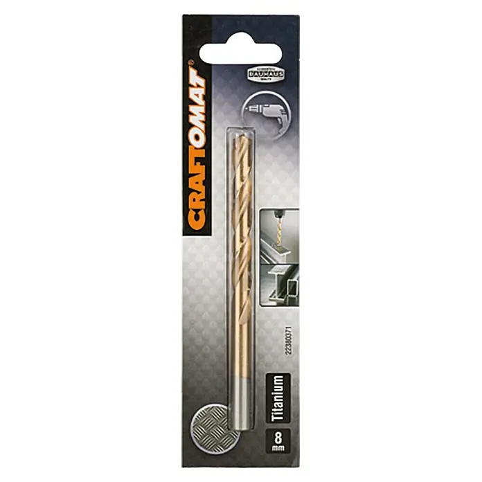 Craftomat Metallbohrer - HSS-TiN, Durchmesser Bohrer: 8 mm, Arbeitslänge: 75 mm - Abbildung eines Craftomat Titan-Bohrers, 8 mm Durchmesser, ideal für präzise Bohrarbeiten. Der Bohrer ist in einer schützenden Verpackung verpackt.