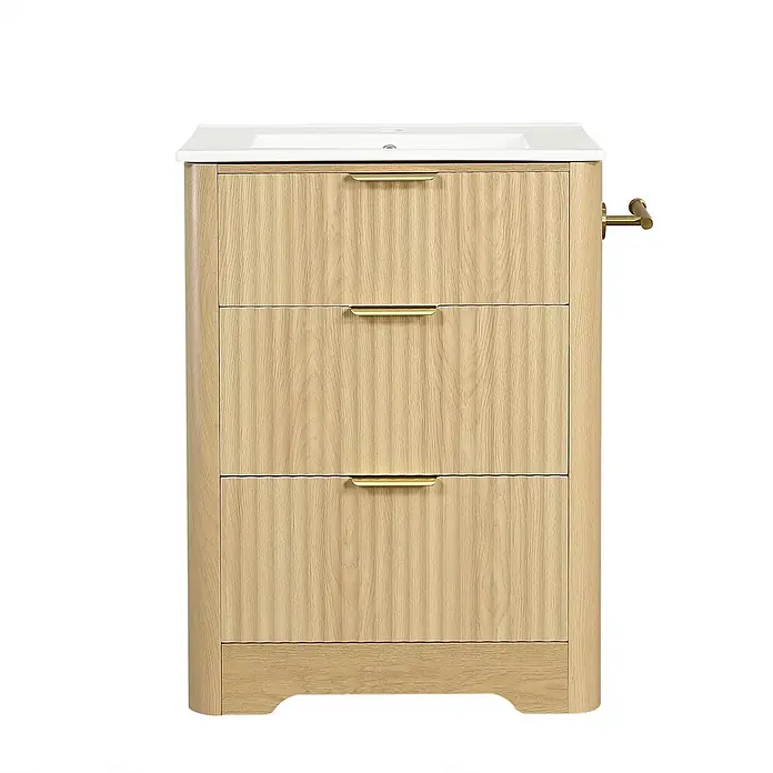 SONNENH Waschtisch-Set 61 cm Holzoptik mit Becken und Papierhalter -  - Helles Holz-Badezimmer-Waschtischunterschrank mit weißem integriertem Waschbecken, drei Schubladen und goldfarbenen Griffen, inklusive seitlichem Handtuchhalter.