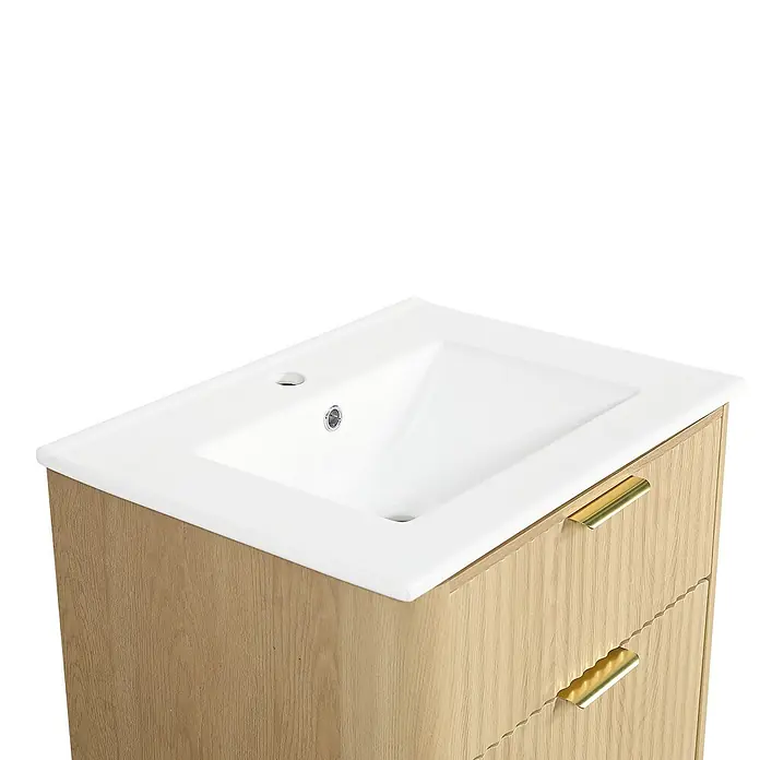 SONNENH Waschtisch-Set 61 cm Holzoptik mit Becken und Papierhalter -  - Helles Holz Badezimmerschrank mit weißem Keramikwaschbecken und goldenen Griffen.