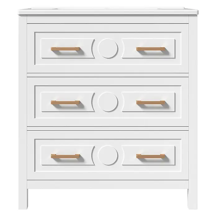 SONNENH Waschtisch-Set, 76,5 cm, 3 Schubladen, Weiß/Gold -  - Weiße Kommode mit drei Schubladen, goldenen Griffen und dekorativen Kreisdetails.